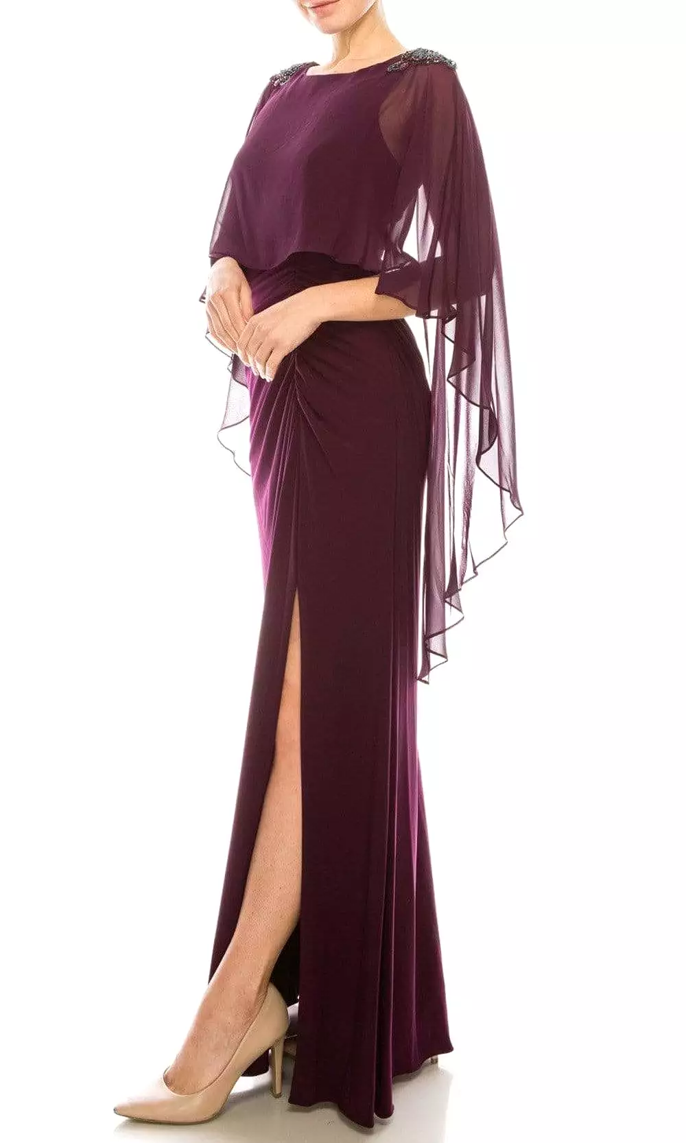 Adrianna Papell - AP1E206514 Ruched High Slit Sheer Cape Evening Dress