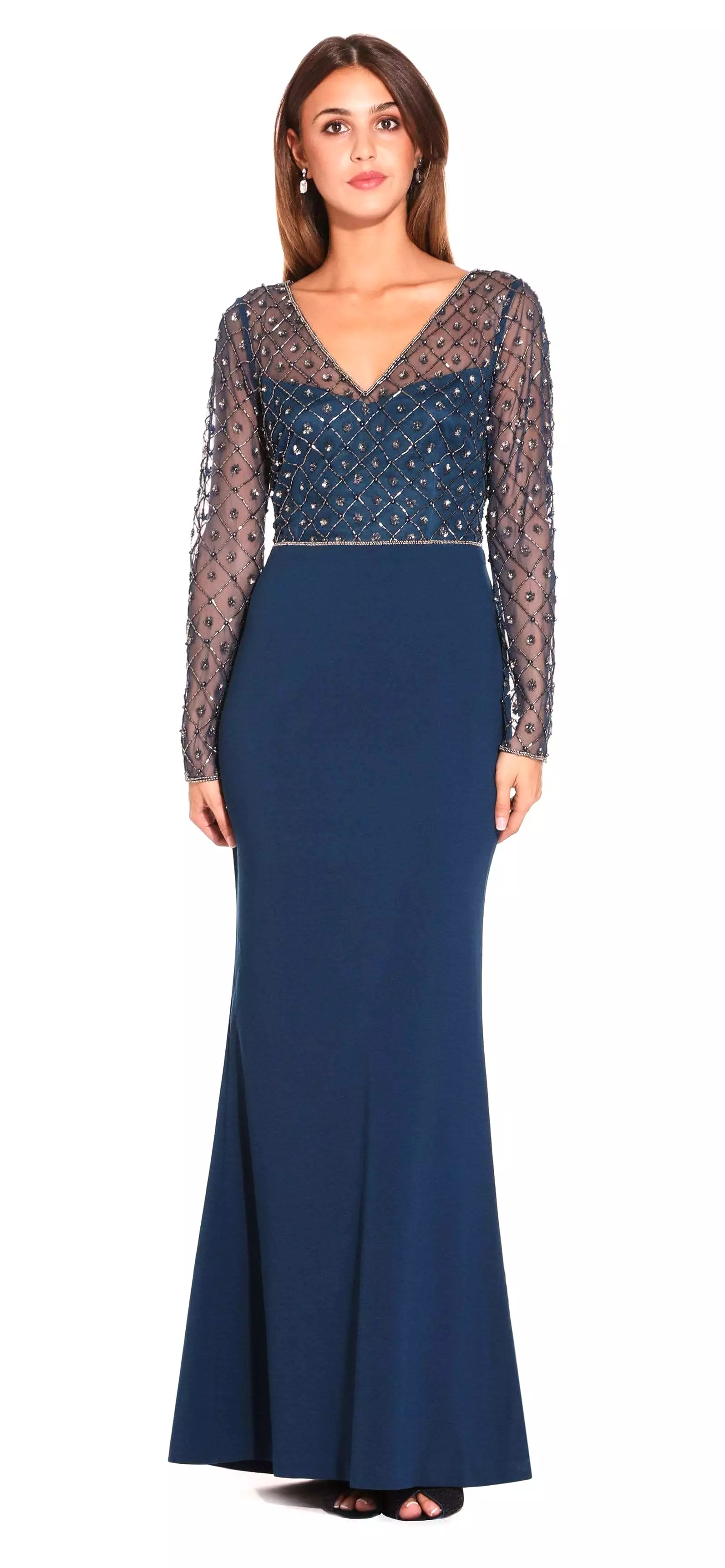 Adrianna Papell - Embellished V-Neck Evening Dress AP1E203730 - 1 pc Deep Blue In Size 4 Available