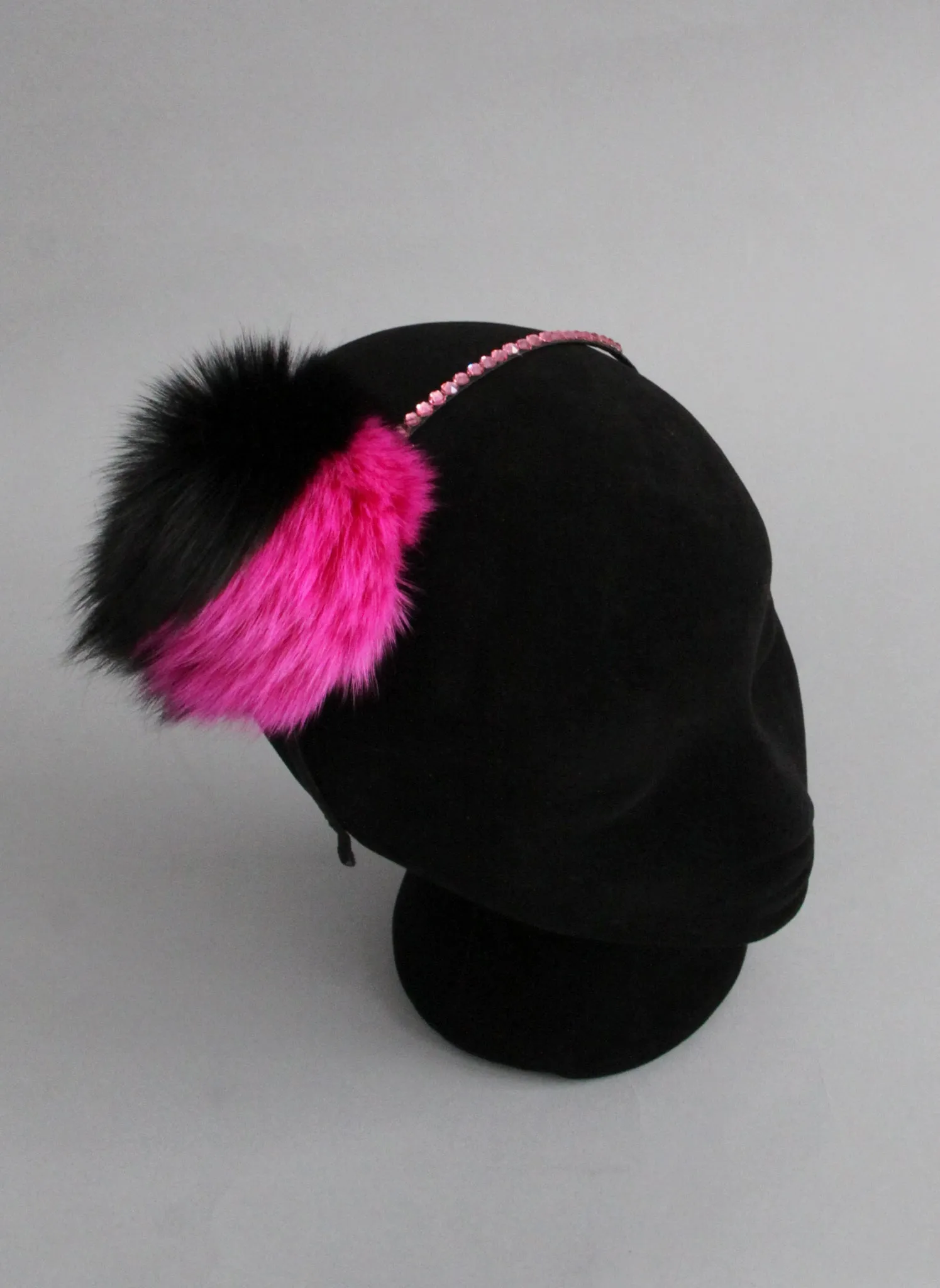 Bari Lynn Two Tone Pompom Headband with Swarvoski Crystals in Hot Pink and Black