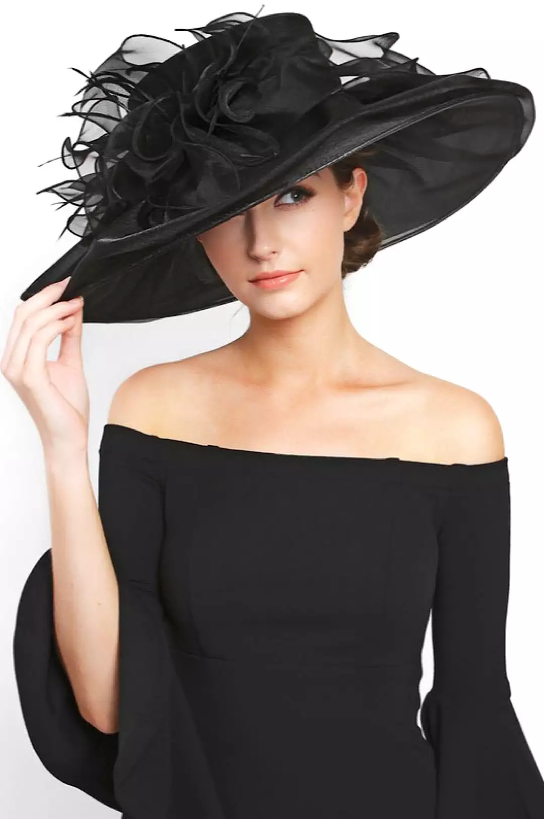 Black Floral Detail Organza Wide Brim Hat