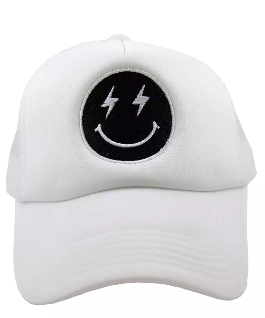 Black Lightning Happy Face Hat - White