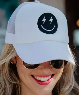 Black Lightning Happy Face Hat - White