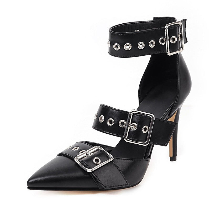 Black Punk Gothic High Heels Sexy Plus Size Pointed Toe Fashion Buckle Rivet Women Pumps Wedding Shoes Stiletto Heels New