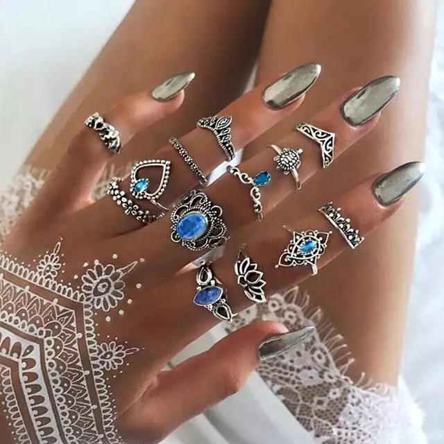 Bohemia Women Rings Fashion Crystal Metal Moon Crown Leaf Feather Crystal Gems  Joint Ring Set Party Jewelry Ring Set For Women