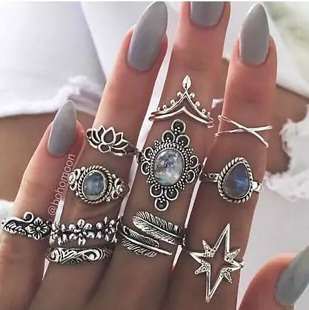 Bohemia Women Rings Fashion Crystal Metal Moon Crown Leaf Feather Crystal Gems  Joint Ring Set Party Jewelry Ring Set For Women