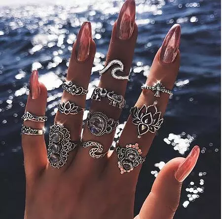 Bohemia Women Rings Fashion Crystal Metal Moon Crown Leaf Feather Crystal Gems  Joint Ring Set Party Jewelry Ring Set For Women