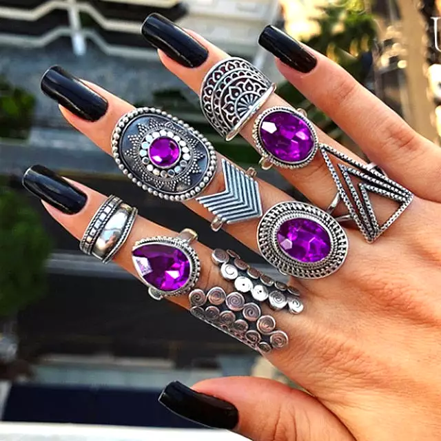 Bohemia Women Rings Fashion Crystal Metal Moon Crown Leaf Feather Crystal Gems  Joint Ring Set Party Jewelry Ring Set For Women