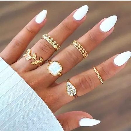 Bohemia Women Rings Fashion Crystal Metal Moon Crown Leaf Feather Crystal Gems  Joint Ring Set Party Jewelry Ring Set For Women