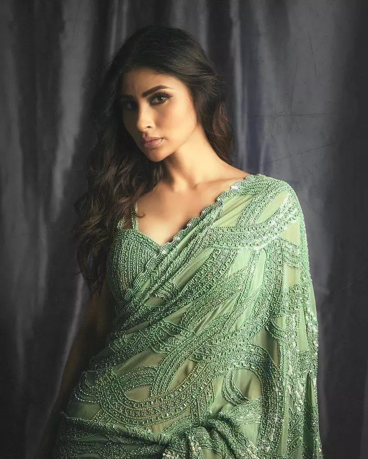 Bollywood celebrity Mouni Roy inspired Light Green Sequins Saree for Women-SS001MR