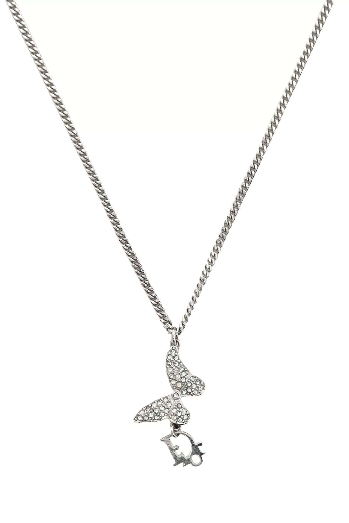 Christian Dior Silver Toned Monogram Butterfly Charm Necklace