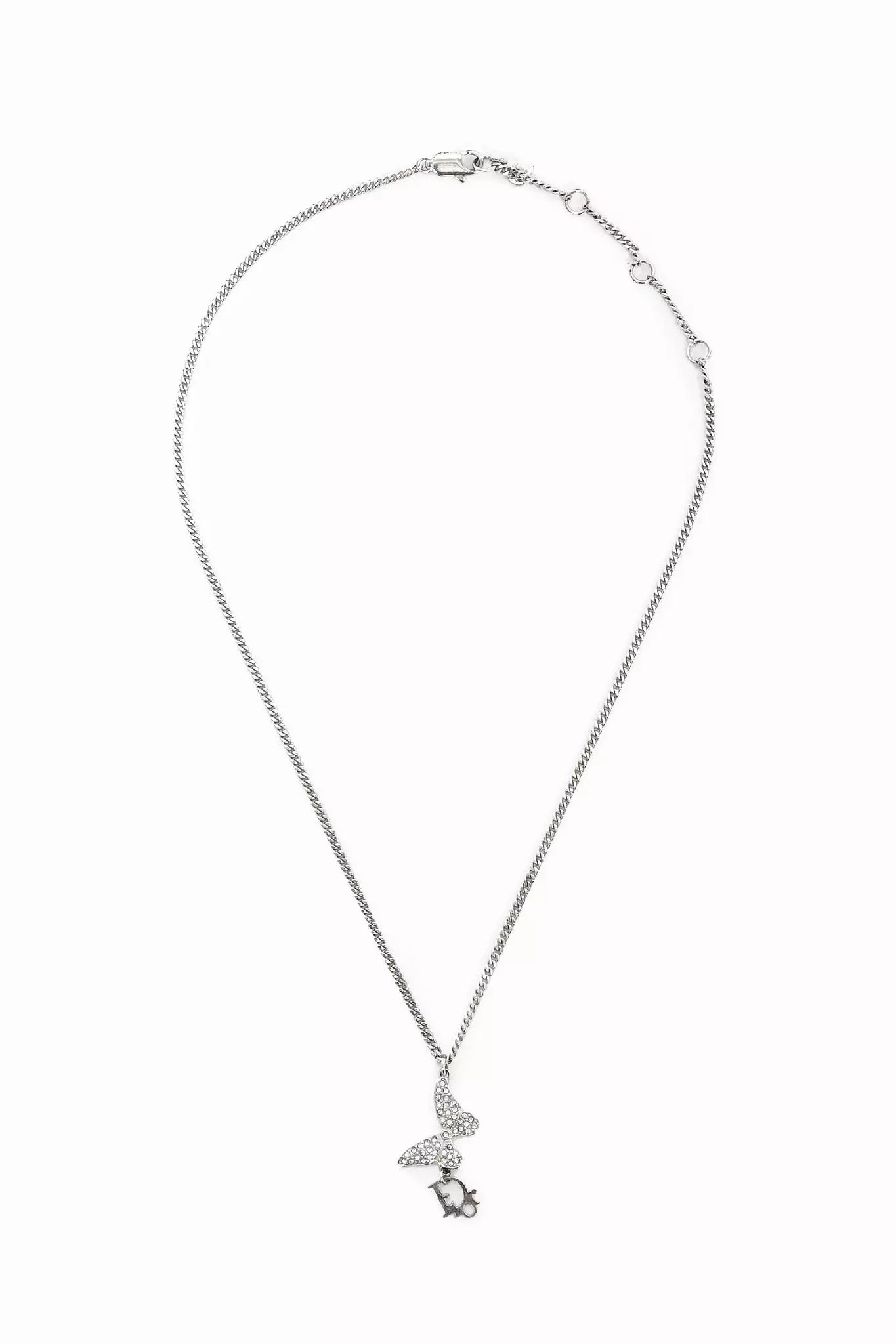 Christian Dior Silver Toned Monogram Butterfly Charm Necklace