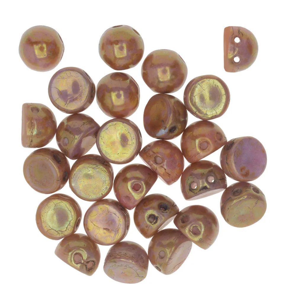 CzechMates Glass, 2-Hole Round Cabochon Beads 7mm Diameter, Opaque Rose / Gold Topaz Luster (2.5 Tube)