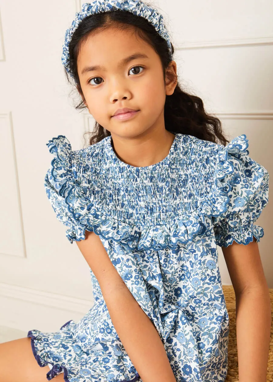 Daphne Floral Print Smock Detail Short Sleeve Blouse in Blue (2-10yrs)