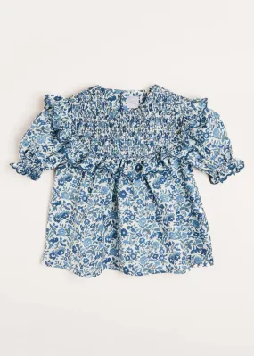 Daphne Floral Print Smock Detail Short Sleeve Blouse in Blue (2-10yrs)