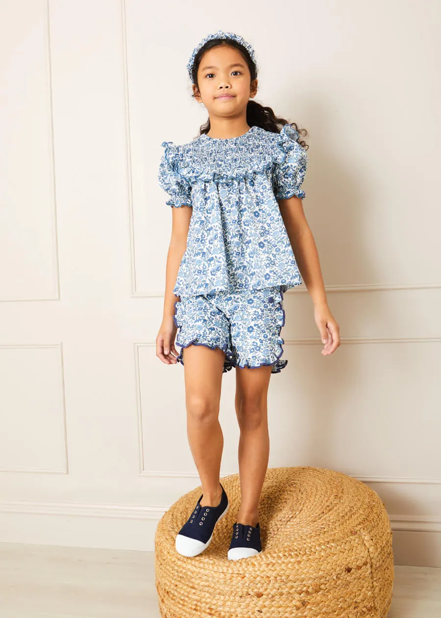 Daphne Floral Print Smock Detail Short Sleeve Blouse in Blue (2-10yrs)