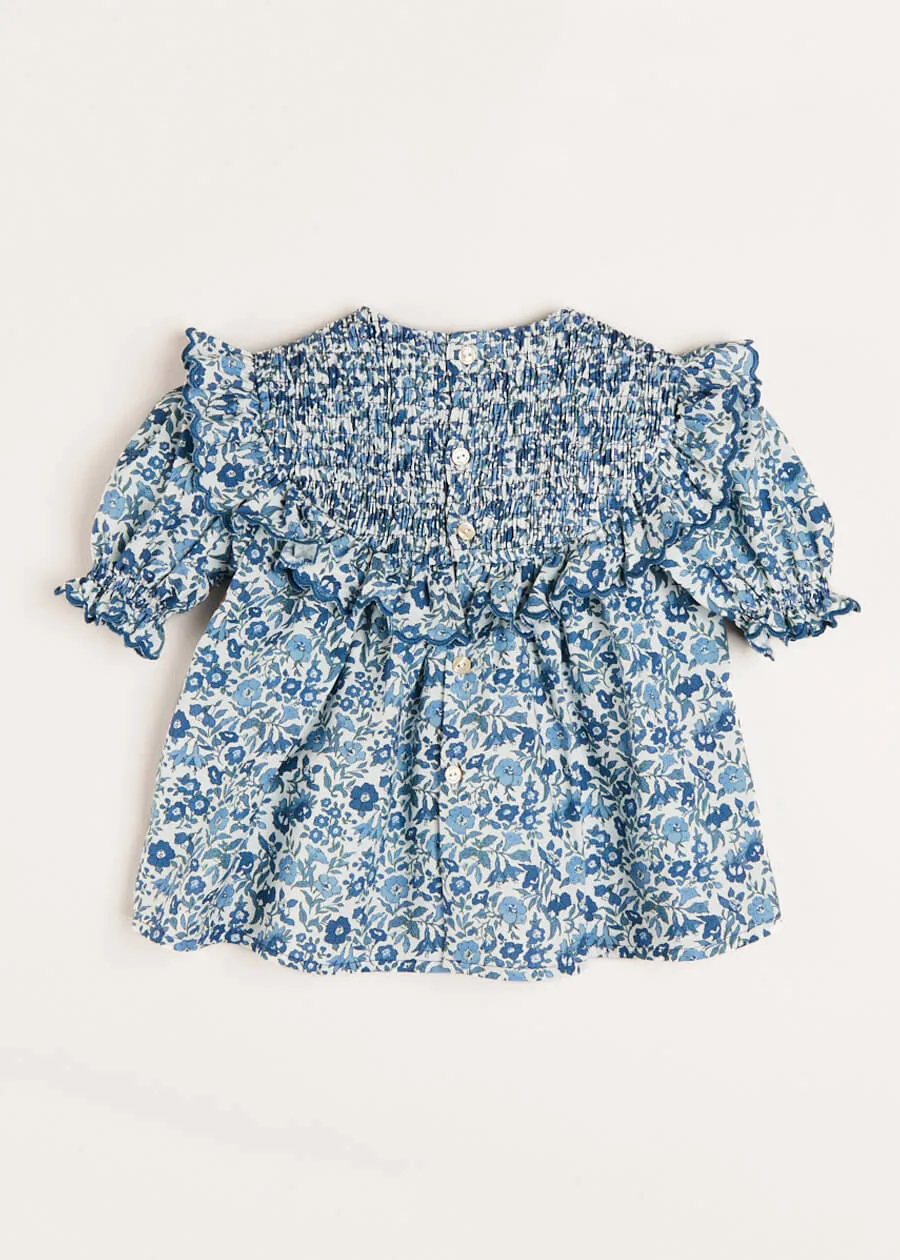 Daphne Floral Print Smock Detail Short Sleeve Blouse in Blue (2-10yrs)