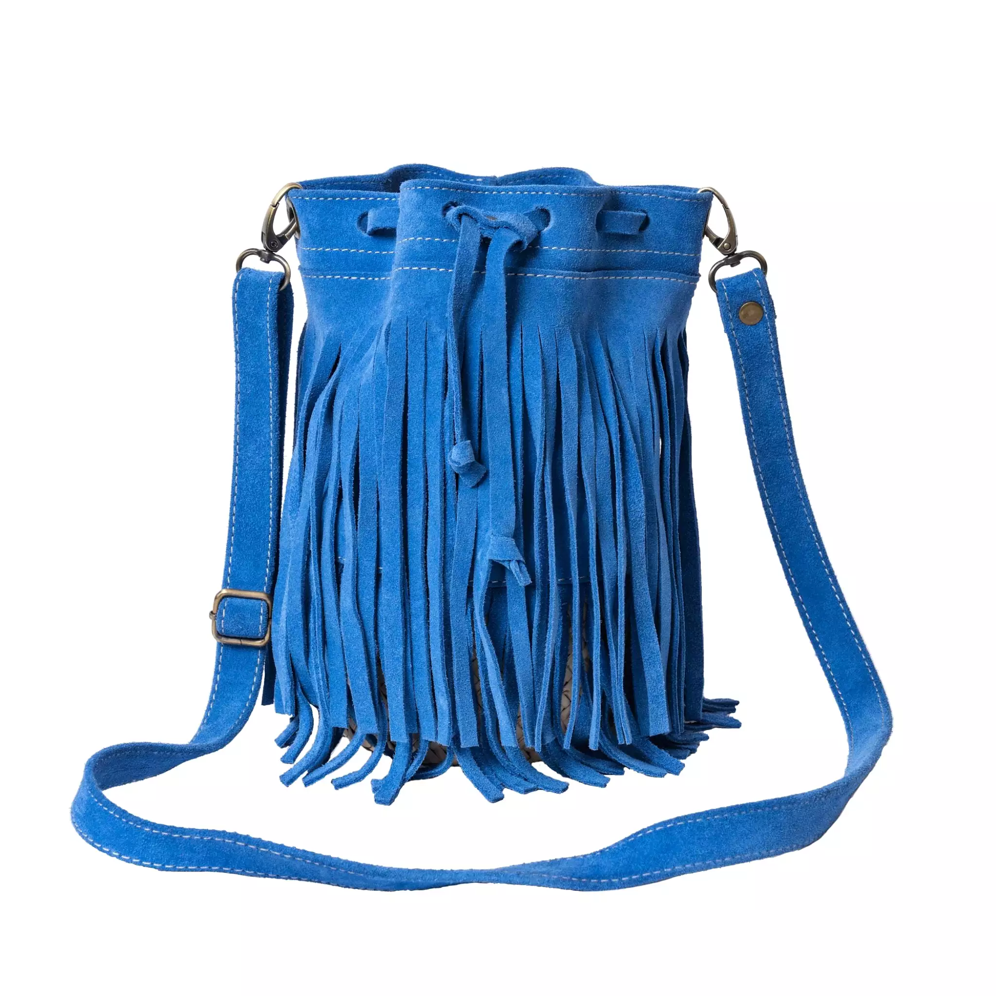 Delia Suede Leather Fringe Bucket Bag in Light Blue