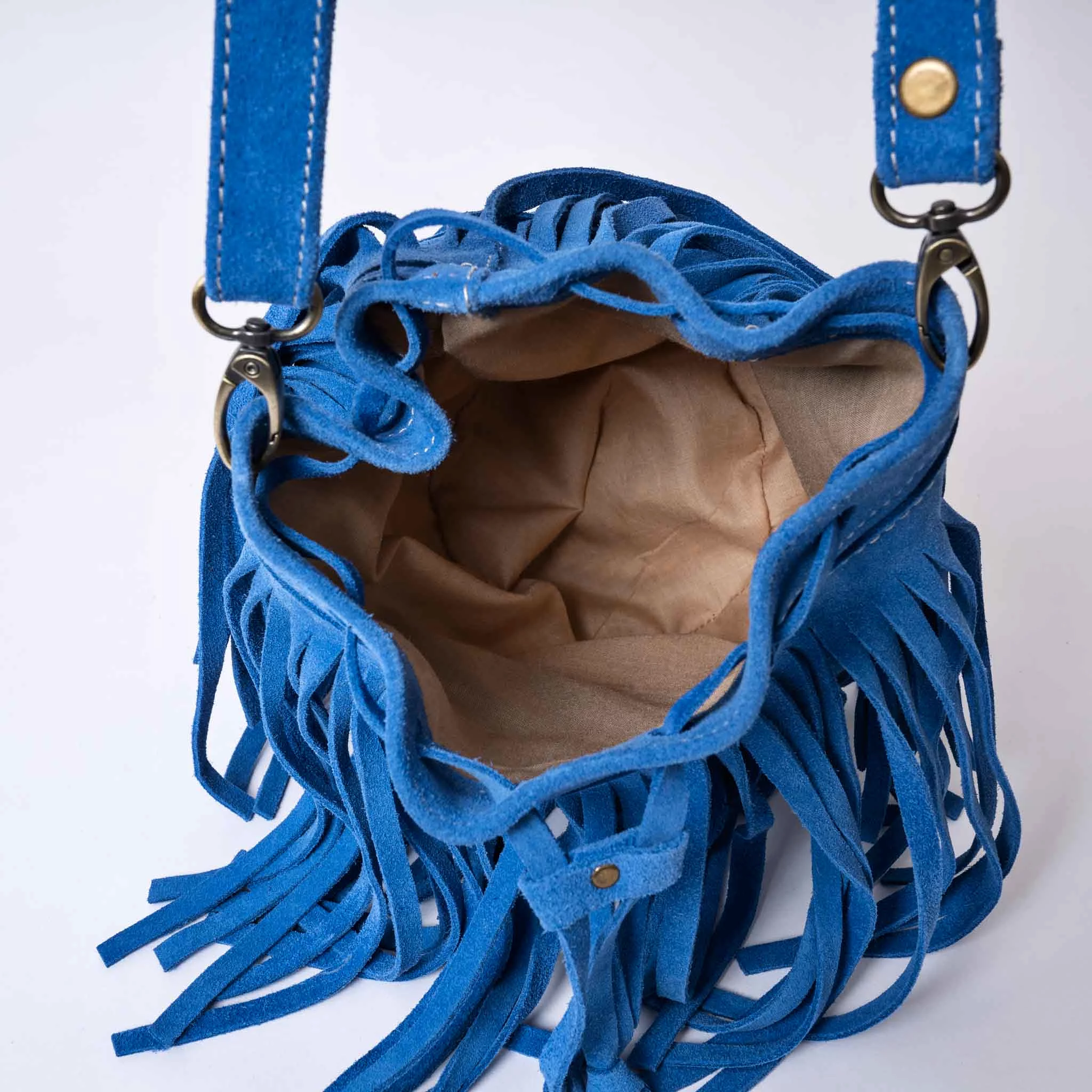 Delia Suede Leather Fringe Bucket Bag in Light Blue