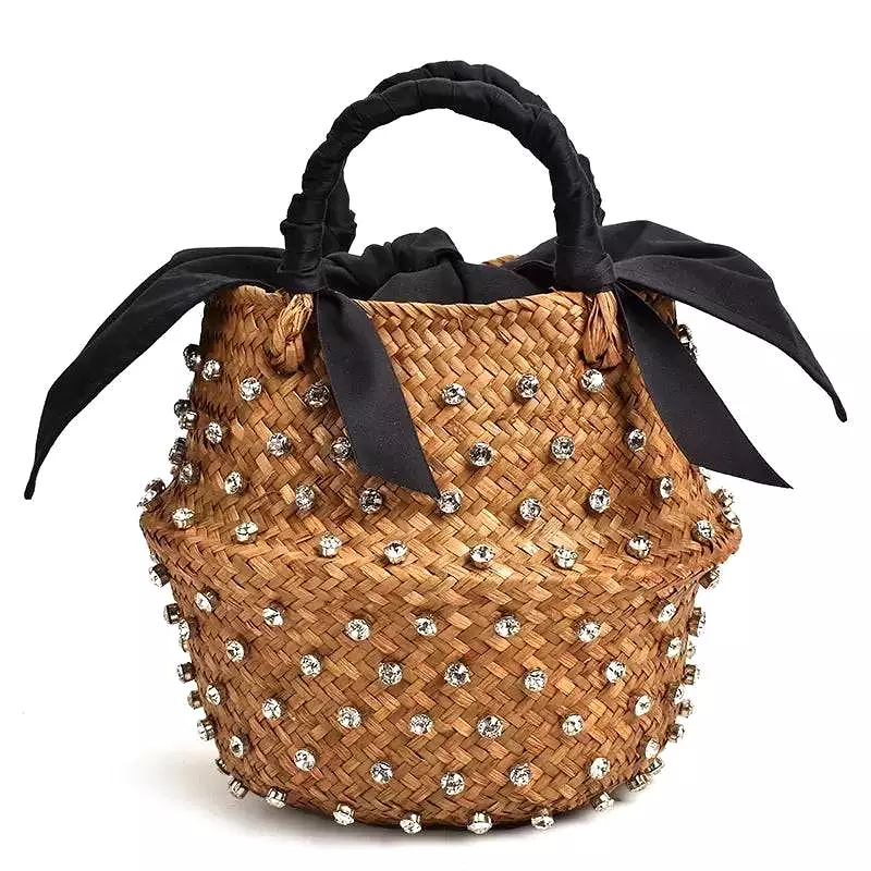 Diamond Decorated Straw Bucket Bag with Black Lining