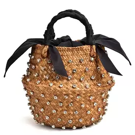 Diamond Decorated Straw Bucket Bag with Black Lining