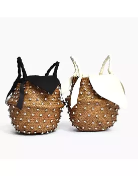 Diamond Decorated Straw Bucket Bag with White Lining