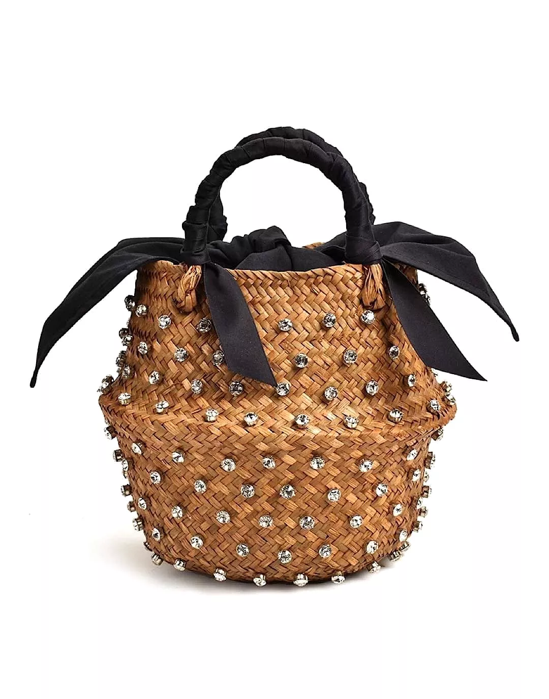 Diamond Decorated Straw Bucket Bag with White Lining