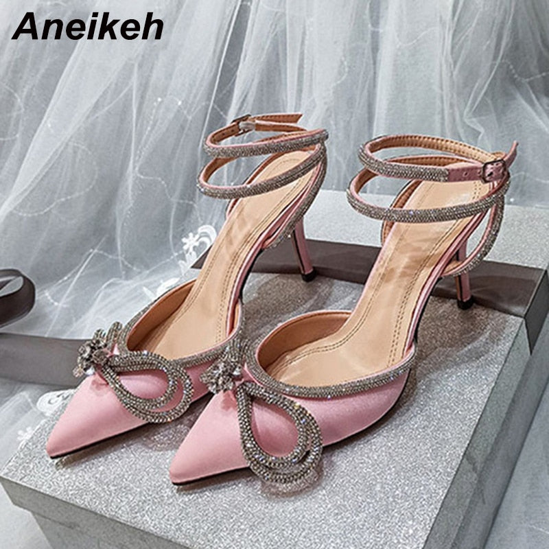 Fashion Butterfly-Knot Narrow Band Bling Patchwork Cross-Tied Crystal Pointed Toe Pumps