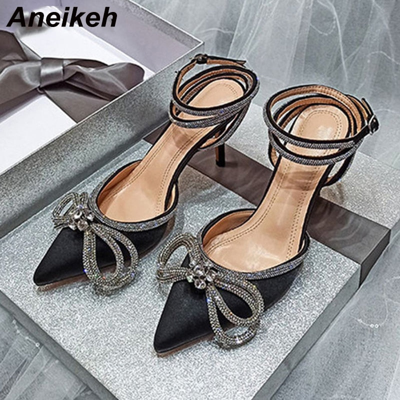 Fashion Butterfly-Knot Narrow Band Bling Patchwork Cross-Tied Crystal Pointed Toe Pumps