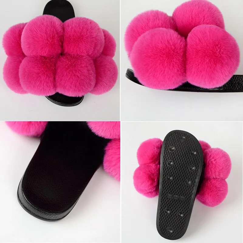 Fluffy Summer Synthetic Fur Slides Flip Flops Indoor Big Flat Slippers for Women