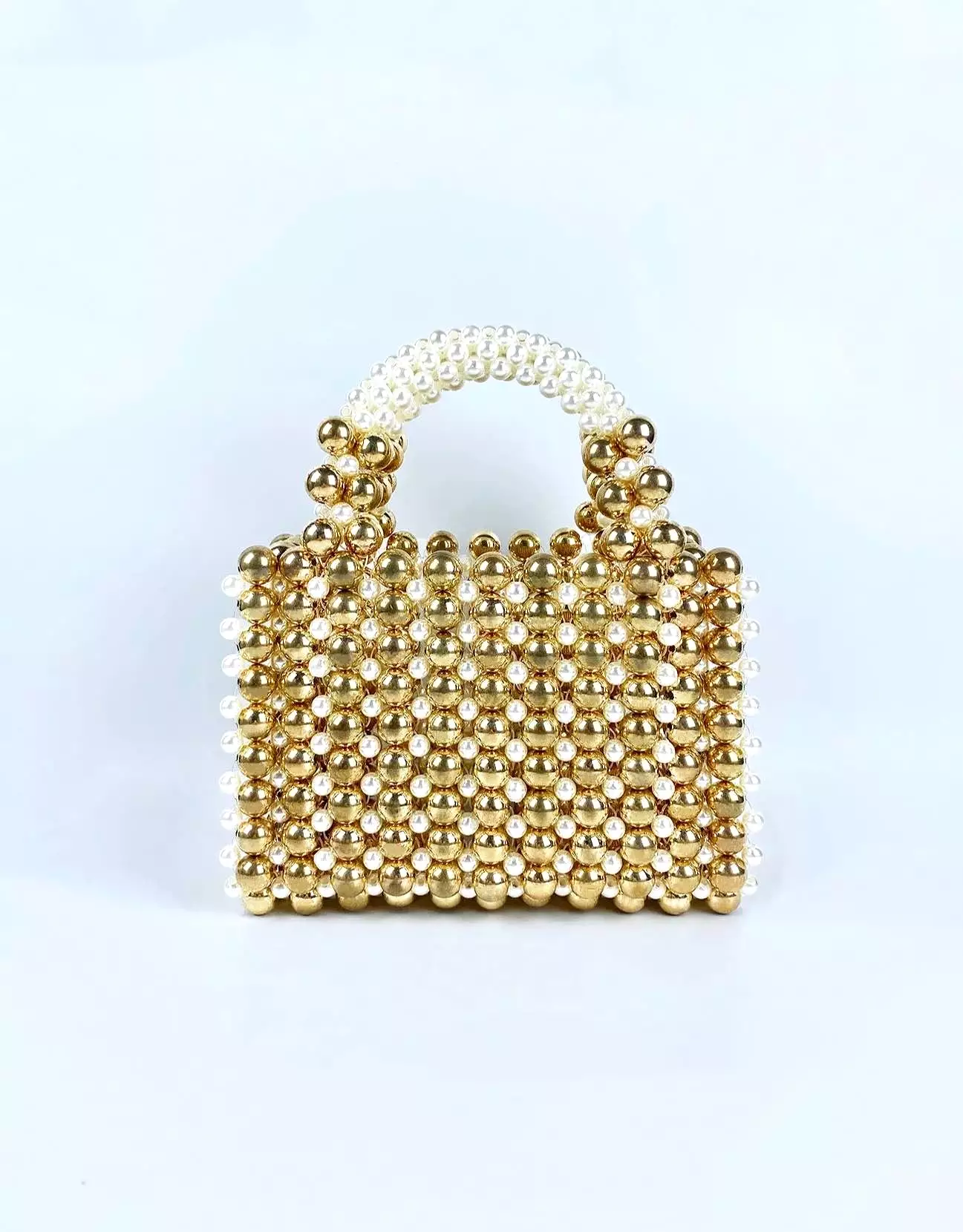 Gold And White Beaded Mini Tote Bag