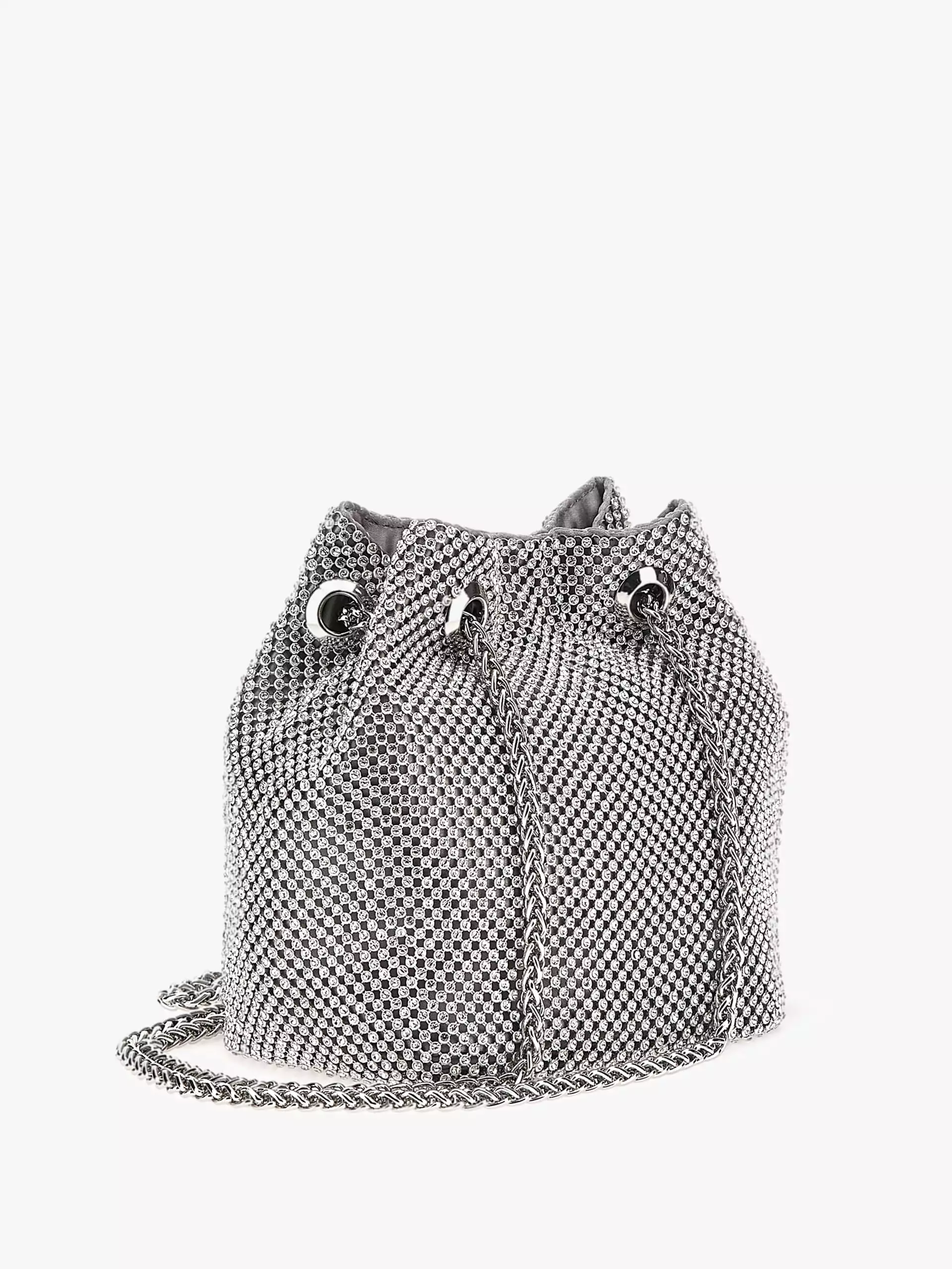 GUESS Lua Rhinestone Mini Bucket Bag Silver