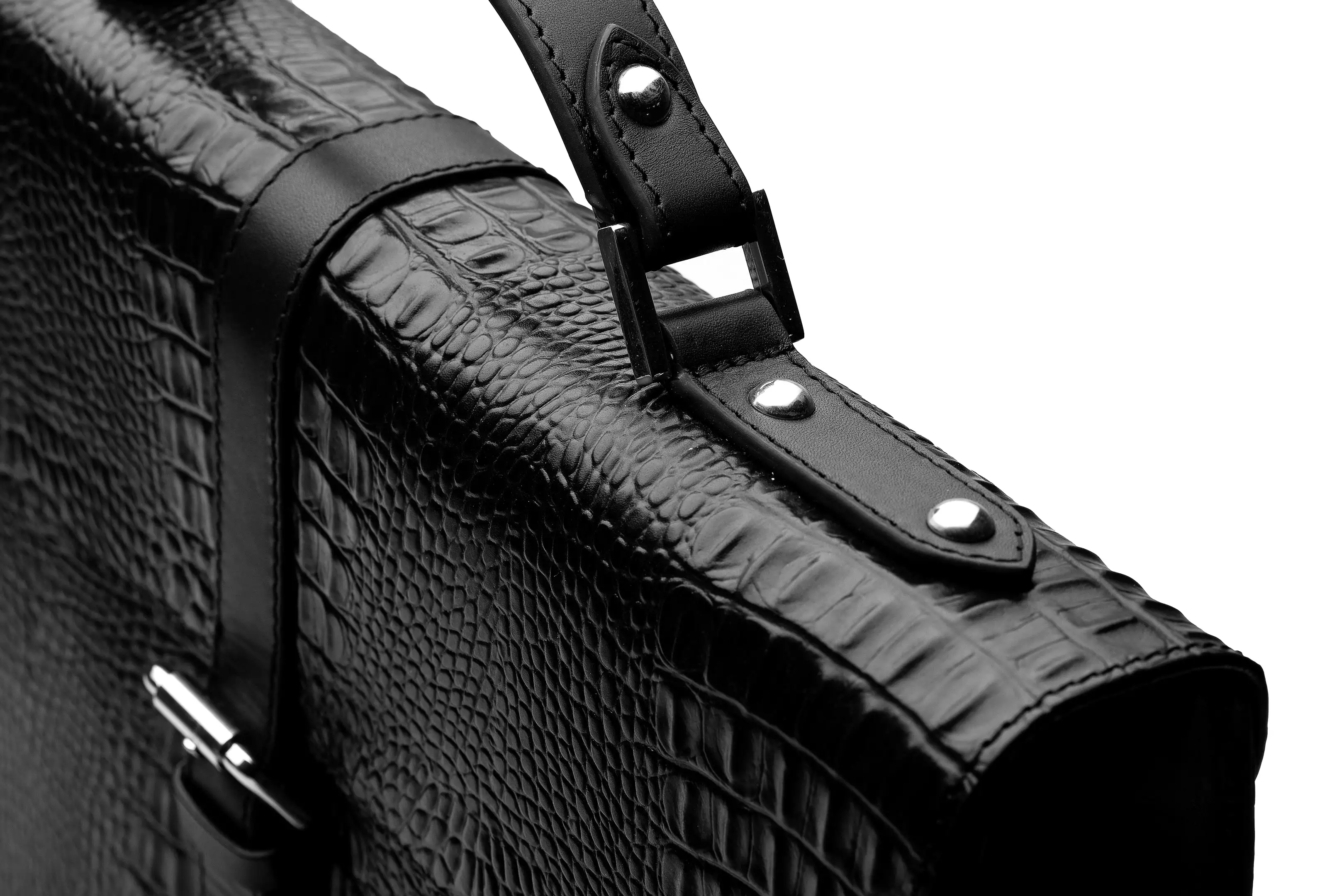 Leather Laptop Briefcase - Crocodile Pattern Black