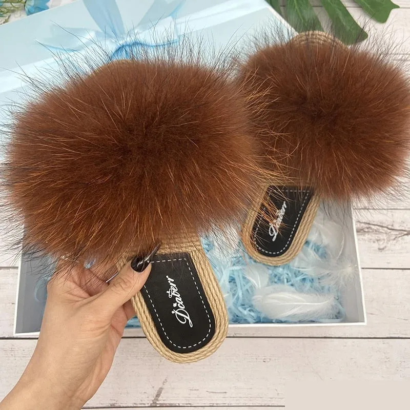 Luxury Raccoon Natural Fox Fur Fluffy Flip Flop Flat Slippers for Women