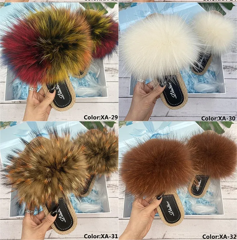 Luxury Raccoon Natural Fox Fur Fluffy Flip Flop Flat Slippers for Women