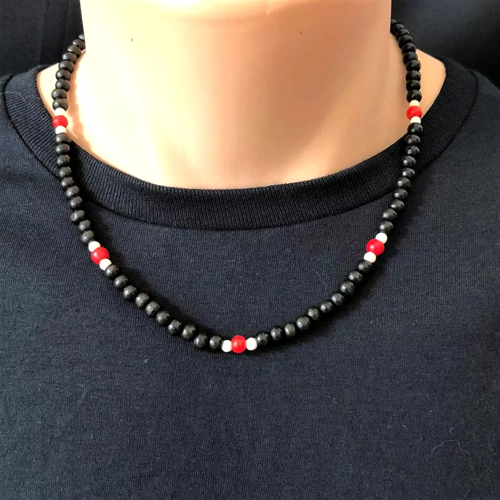 Mens Black Red and White Wood Beaded Necklace