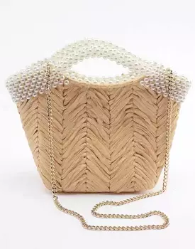 Pearl Strapped Straw Tote Bag