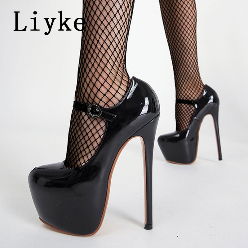 Platform Pumps Black Round Toe Buckle Strap Stiletto