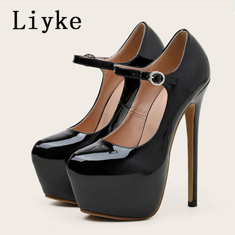 Platform Pumps Black Round Toe Buckle Strap Stiletto