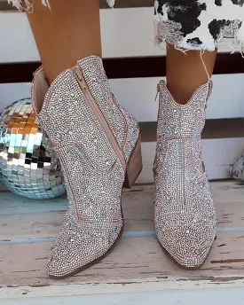 Rhinestone Pointed Toe Zipper Ankle Boots