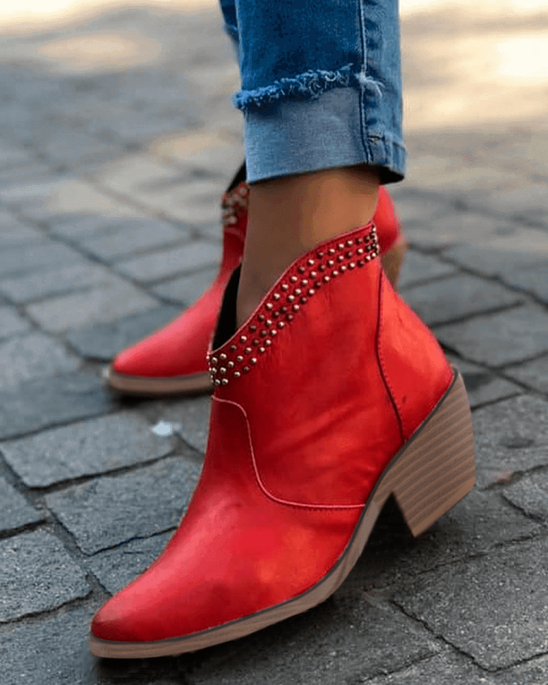 Rivet Zipper Pointed Toe Ankle Boots