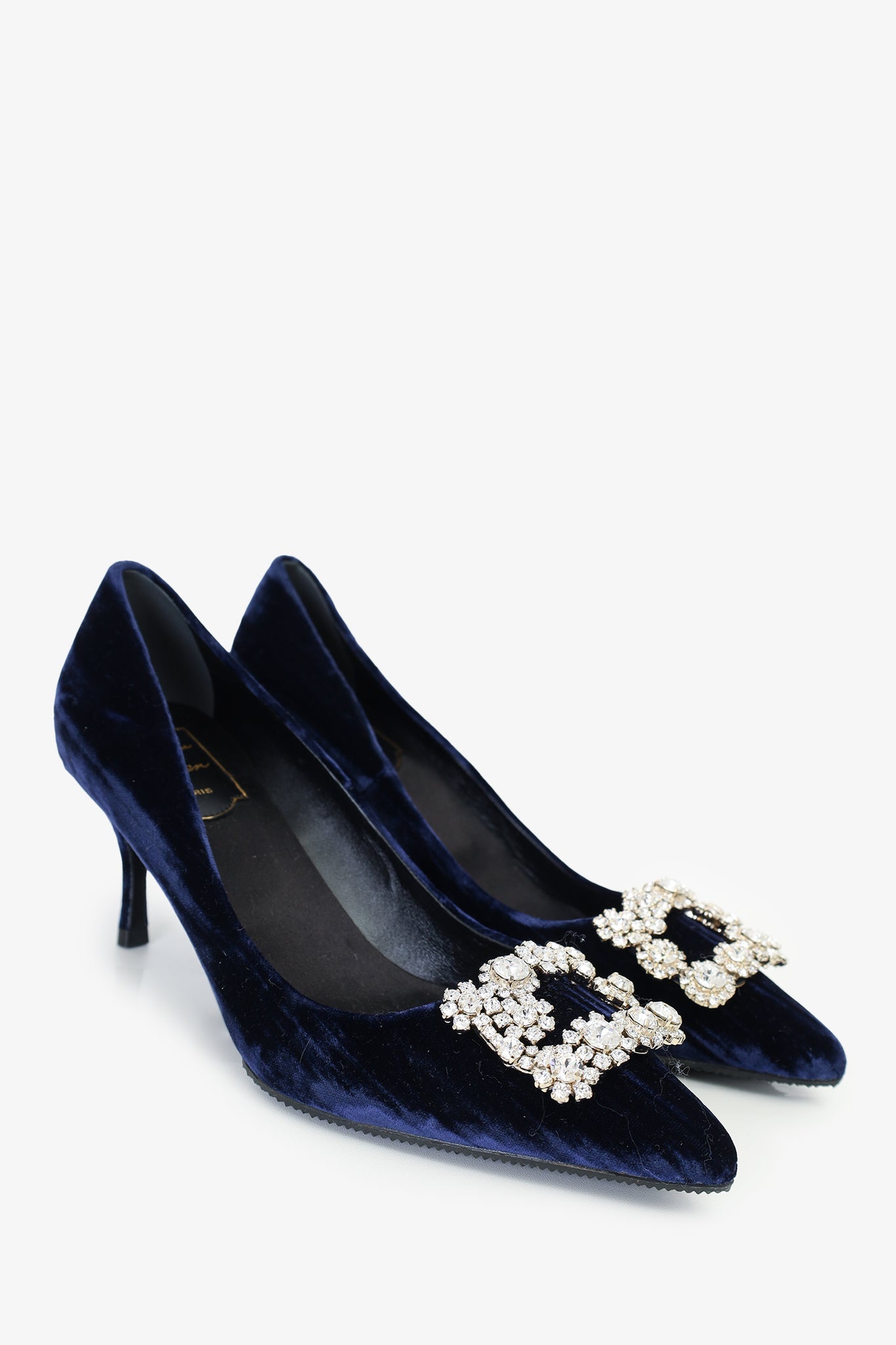 Roger Vivier Navy Velvet Crystal Buckled Pointed Toe Heels size 38