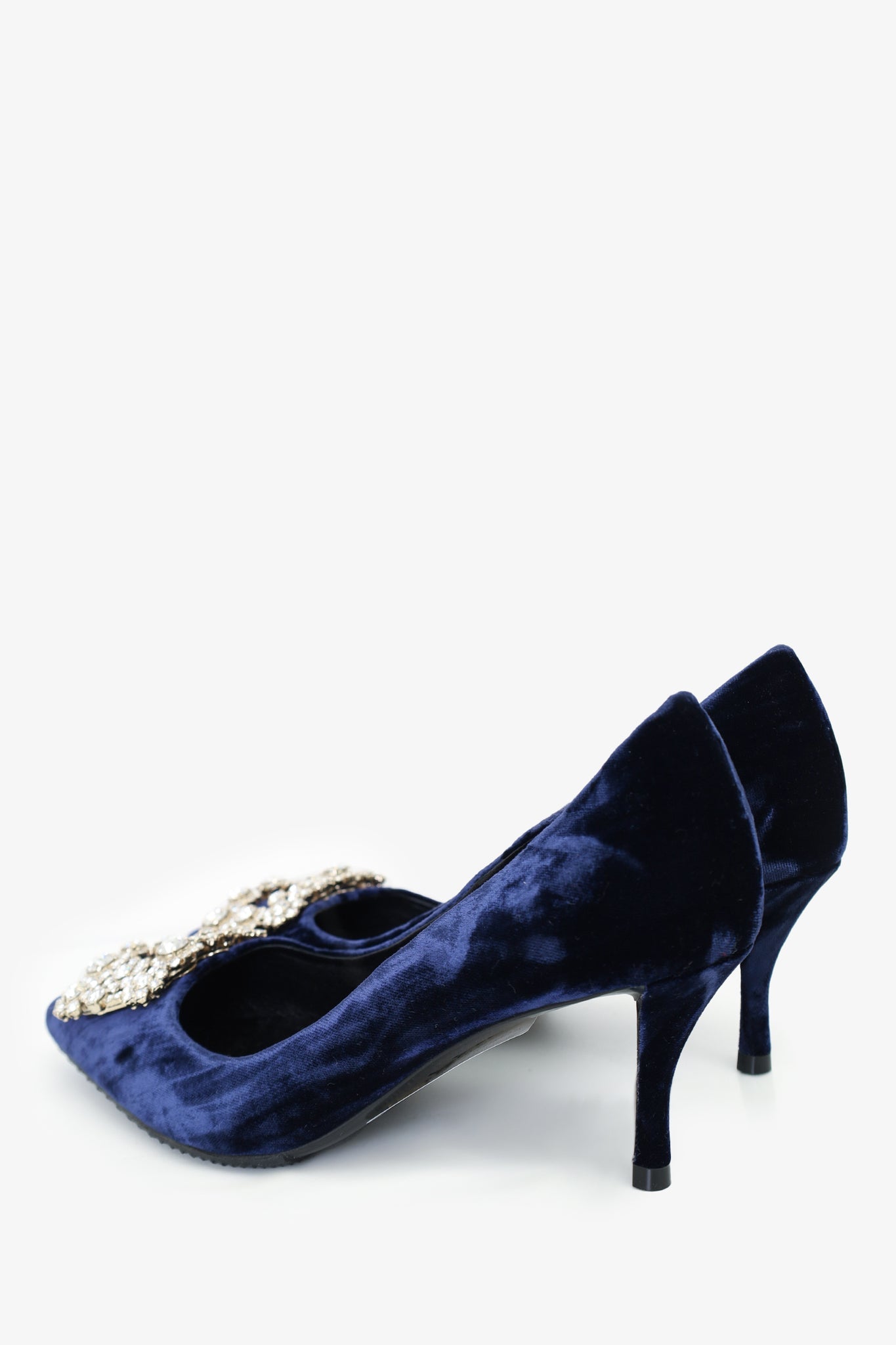 Roger Vivier Navy Velvet Crystal Buckled Pointed Toe Heels size 38