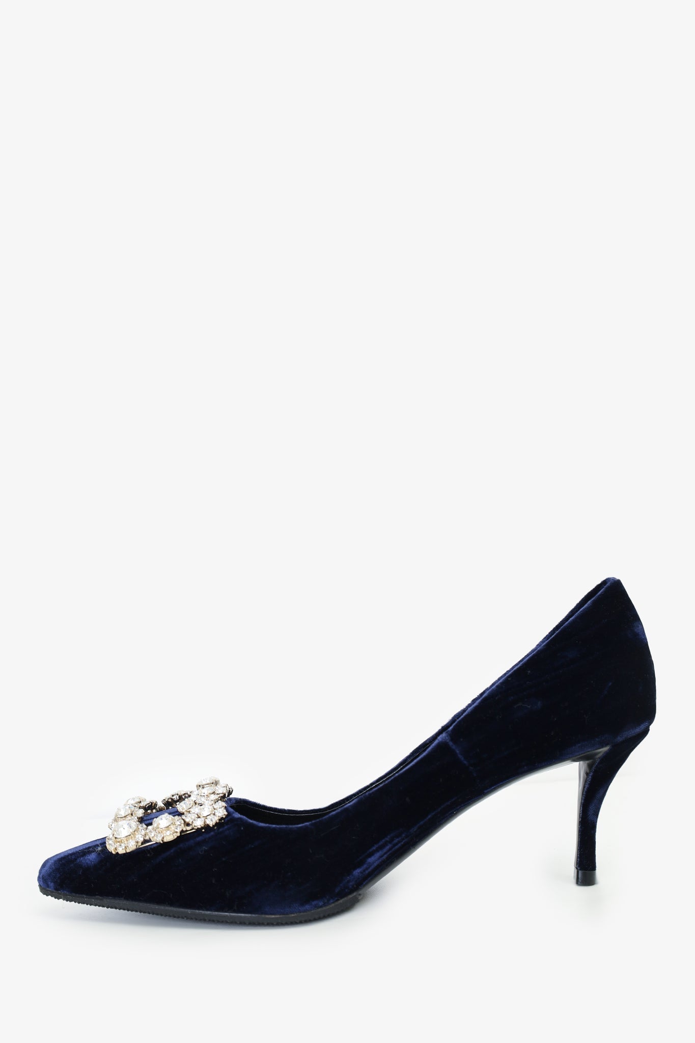 Roger Vivier Navy Velvet Crystal Buckled Pointed Toe Heels size 38