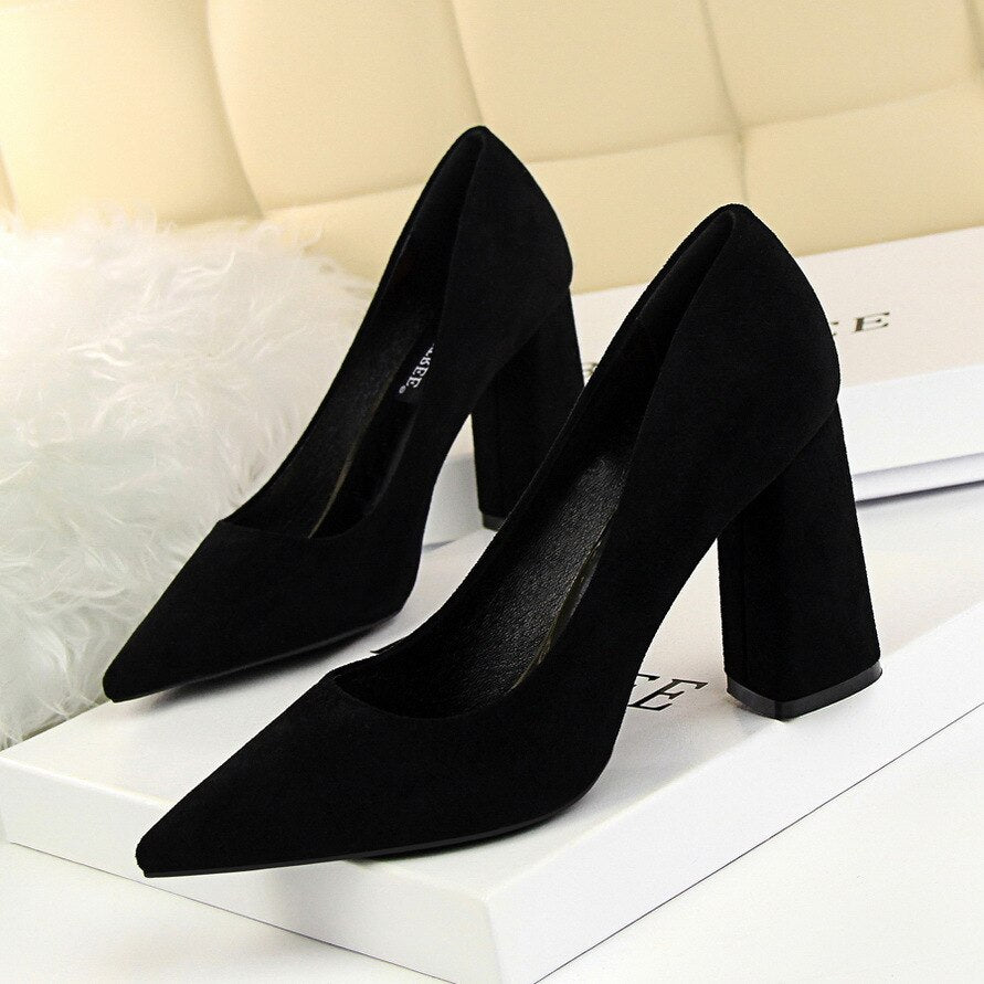 Solid Flock Shallow Pointed Toe Thin High Heels Shoes