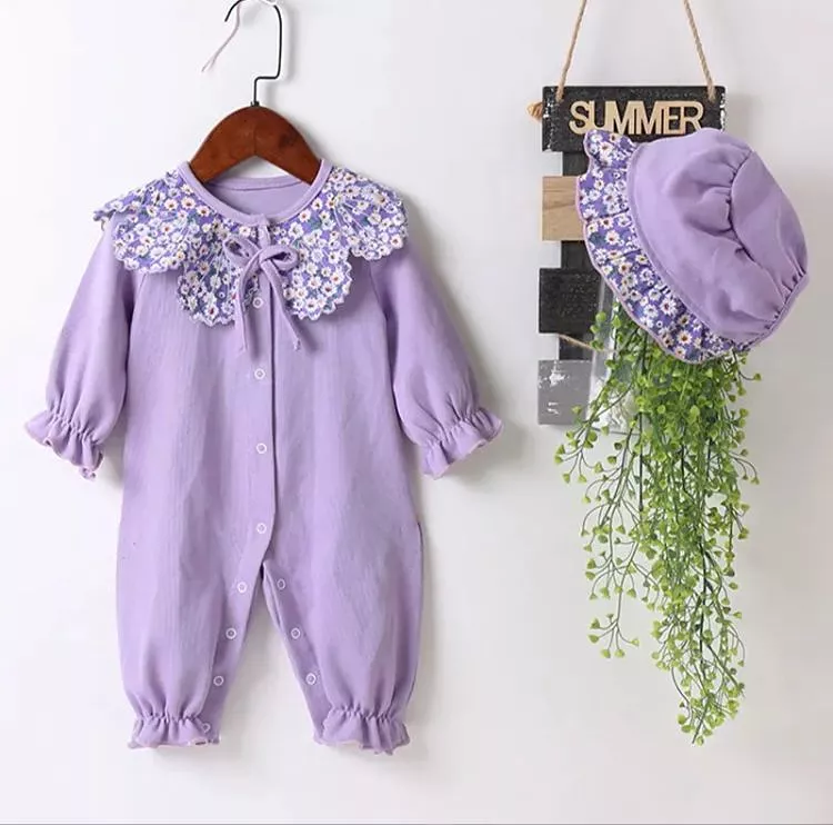 Spring Fall Baby Girl Romper Sweet Purple Daisy Doll Collar Single Breasted Long Sleeve Baby Rompers+hat Baby Clothes S4389405