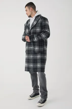 Tall Relaxed Fit Single Breasted Check Overcoat In Black