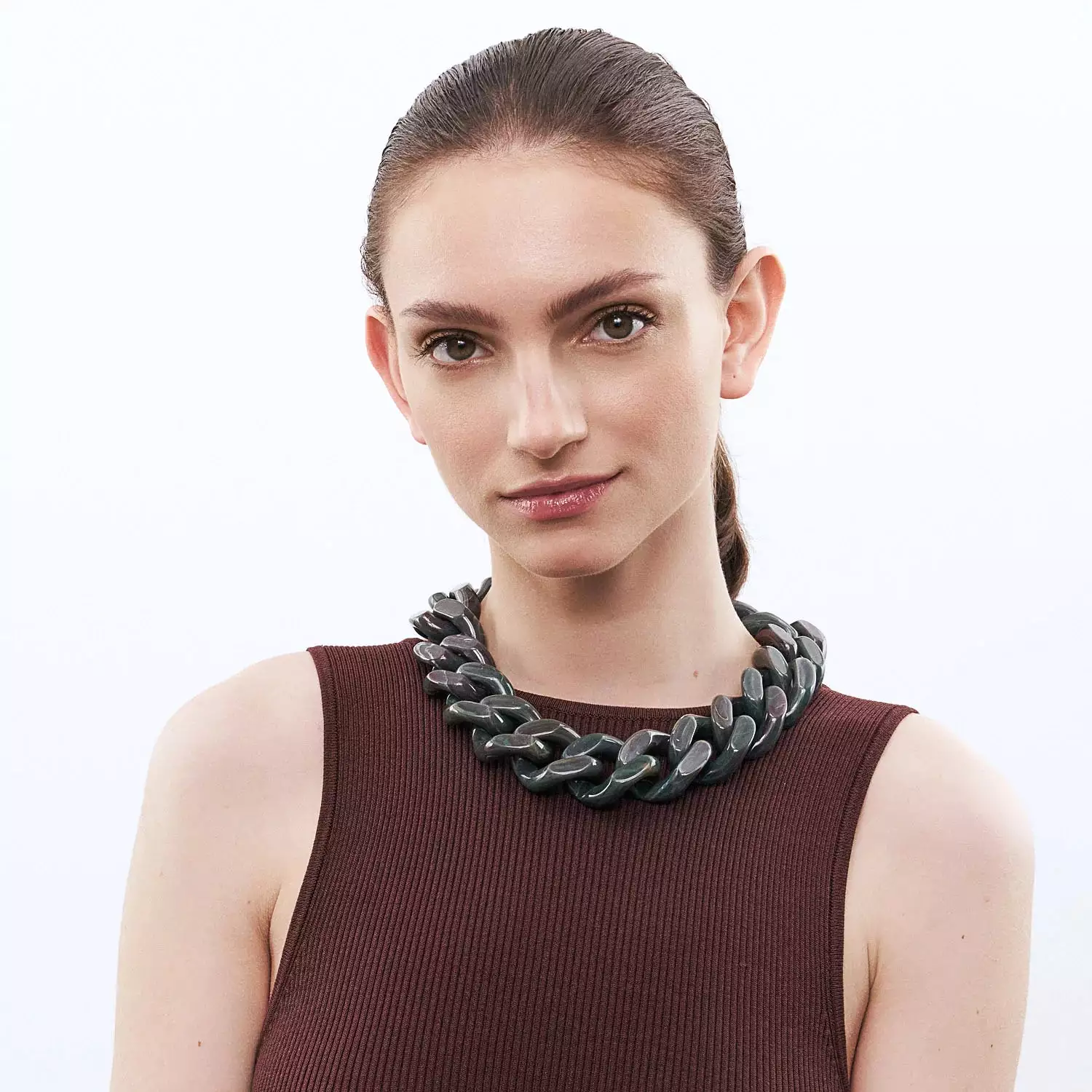 Vanessa Baroni Big Flat Chain Green Marble Necklace