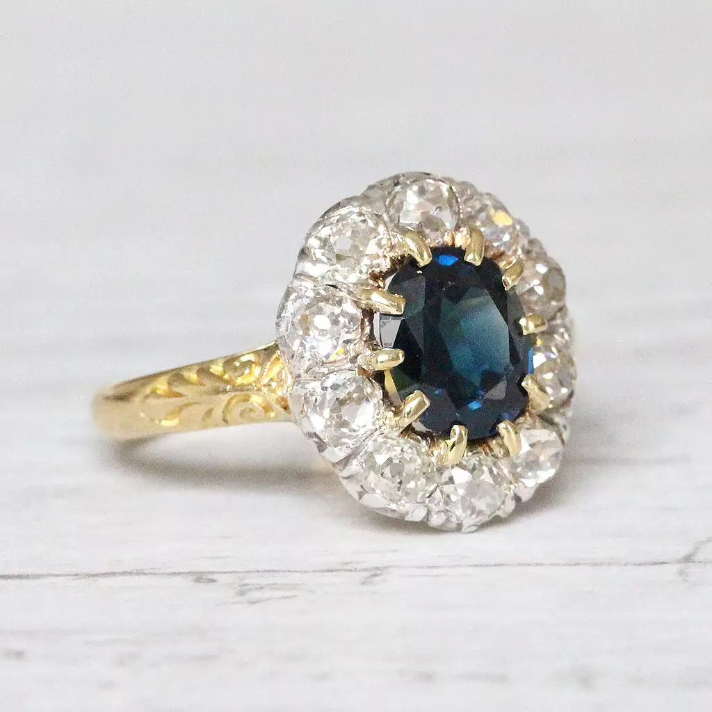 Victorian 1.80 Carat Sapphire and Old Mine Cut Diamond Cluster