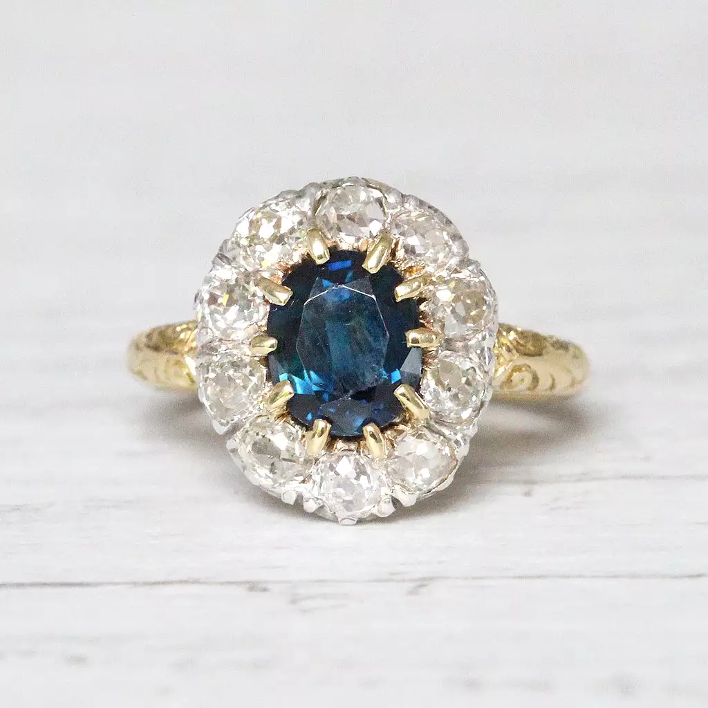 Victorian 1.80 Carat Sapphire and Old Mine Cut Diamond Cluster