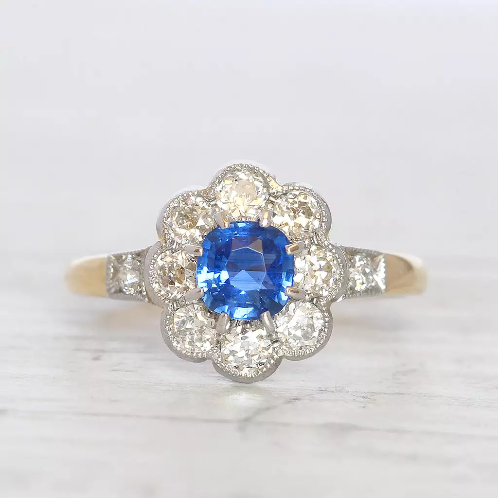 Victorian Style 0.85 Carat Sapphire and Old Cut Diamond Cluster